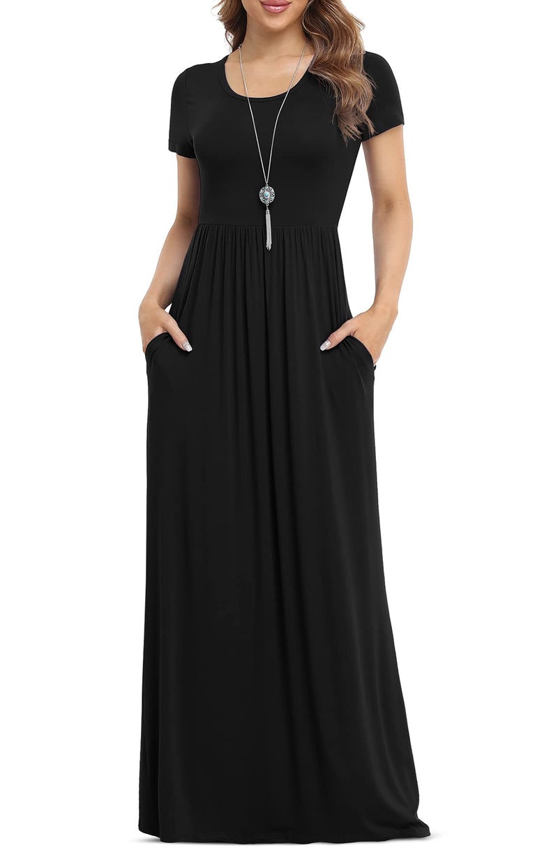 VIISHOW Women's Short Sleeve Loose Plain Maxi Dresses Casual Long Dresses with Pockets(Black, X-Large) - Image 1